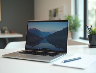 Fototapeta premium Realistic laptop mockup with blank screen isolated on white background, vue, ouvert, métallique, template, côté
