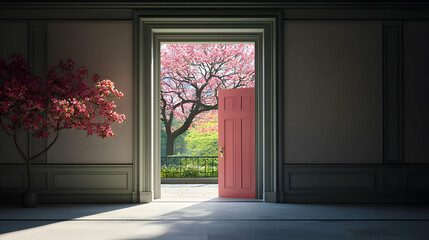 Fototapeta premium Pink Door Opening To Spring Garden