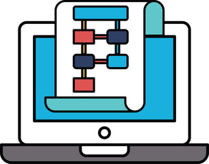 A laptop screen shows a diagram with a blue and white background