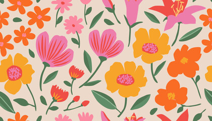 Hand drawn flowers backgrounds. Seamless patterns with floral for fabric, textiles, clothing, packaging, cover, banner, poster, interior decor. Vector illustration.