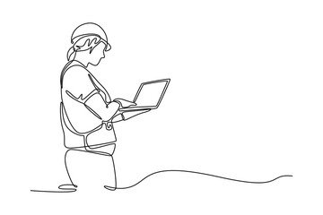 Robotic engineer women automatic mechanic checking quality system of automation robot arms. Technology in services concept. Single line draw design. Vector graphic illustration