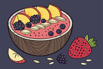 54 Vibrant smoothie bowl, coconut shell bowl, colorful fruit slices, mango, strawberries, blackberries, chia seeds, granola, acai base, dark moody background, food photography, high contrast, macro de