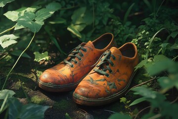 Lush Green Field with Brown Shoes