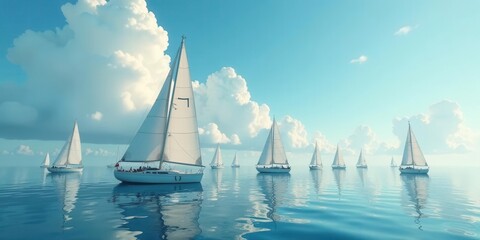 Serene Sailing Regatta A Fleet of White Sailboats Gracefully Navigates the Azure Waters Under a Cloudy Sky