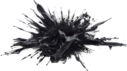 Black paint splashing and exploding on transparent background