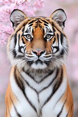 Fototapeta premium Tiger Facing Pink Cherry Blossoms.