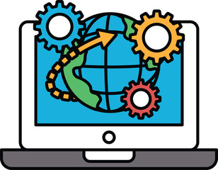 A computer monitor shows a globe with a green arrow pointing to the right