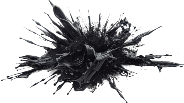 Black paint splashing and exploding on transparent background