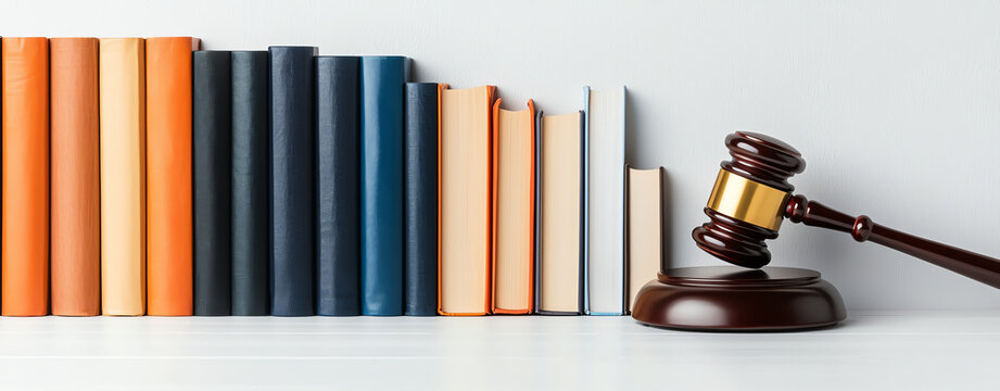row of colorful law books stands neatly aligned beside wooden gavel, symbolizing justice and legal knowledge. arrangement conveys sense of order and authority - Powered by Adobe