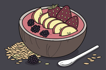 54 Vibrant smoothie bowl, coconut shell bowl, colorful fruit slices, mango, strawberries, blackberries, chia seeds, granola, acai base, dark moody background, food photography, high contrast, macro de