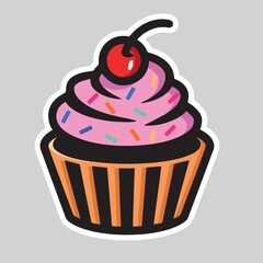 Muffin set, simple illustration. Collection of cakes with different flavors, with handmade cherries. patterin