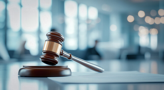 wooden gavel rests on table in blurred office setting, symbolizing justice and legal proceedings. soft lighting and out of focus background create professional atmosphere