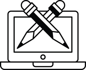 A black and white image of two pencils with a laptop in the background