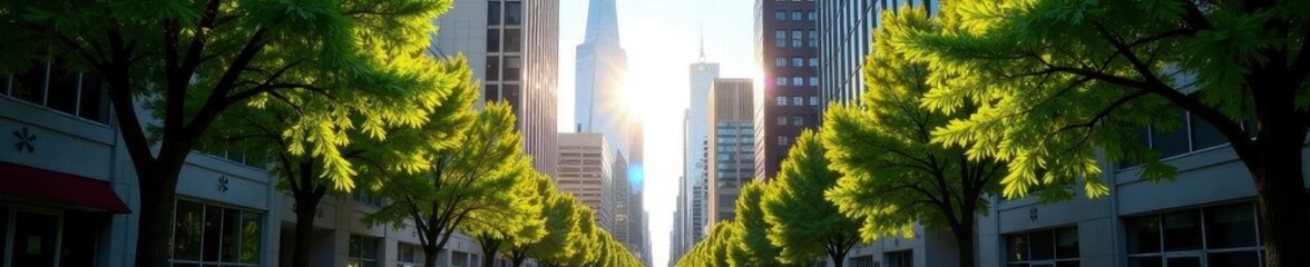 Obraz premium Sun-drenched city street, skyscrapers pierce blue sky, trees create vibrant green canopy , boulevard, foliage