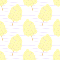 Seamless pattern with yellow cotton candy on white striped background. For textiles, packaging, wallpapers, postcards or covers.