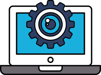 A computer monitor with a gear and a camera on it