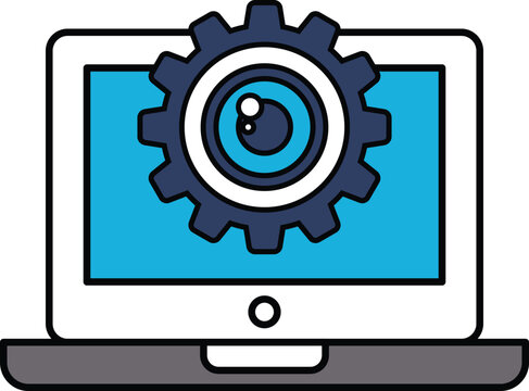 A computer monitor with a gear and a camera on it