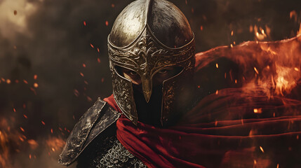 Epic Medieval Knight in Fiery Battle,  Ancient Warrior in Armored Glory