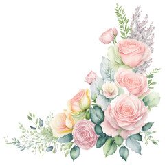 Soft pastel-colored roses with greenery, perfect for spring-themed wedding invitations. Watercolor roses in pink and yellow, ideal for anniversary cards, weddings, and celebrations.