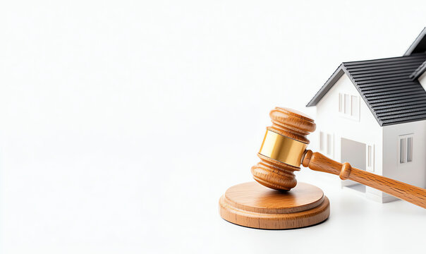 wooden gavel rests beside model house on white background, symbolizing real estate law and property auctions. image conveys sense of legal authority and homeownership