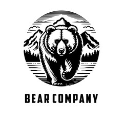 Bear walking illustration, mountain background, black and white logo design