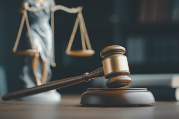 wooden gavel rests on table beside scales of justice and Lady Justice statue, symbolizing law and fairness. scene conveys sense of authority and balance