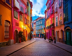 Obraz premium Vibrant street scene with bold colored architecture