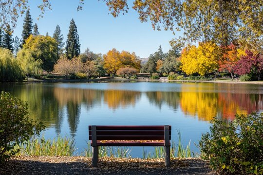 UC Davis Arboretum in Autumn: Red and Yellow Lake View highlighting Beauty and Colorful California Landscape