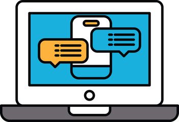 A laptop screen shows a cell phone with a chat window open