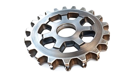 A metal sprocket with cutouts on a white background close up view
