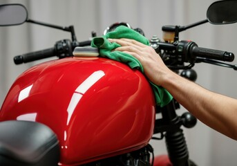 Hand polishing a red motorcycle with a green cloth for a shiny finish
