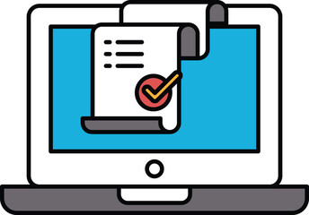 A laptop screen shows a piece of paper with a check mark on it