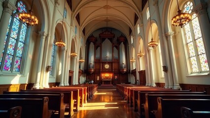 Fototapeta premium Sunlit Sanctuary A Tranquil Church Interior with Majestic Organ and Stained Glass Windows
