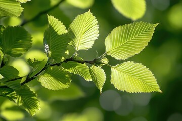 Ulmus Americana. Macro Close-Up of American Elm Leaves and Stem in Nature
