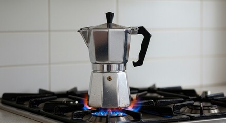 a coffee maker on the stove, with a gas flame underneath it