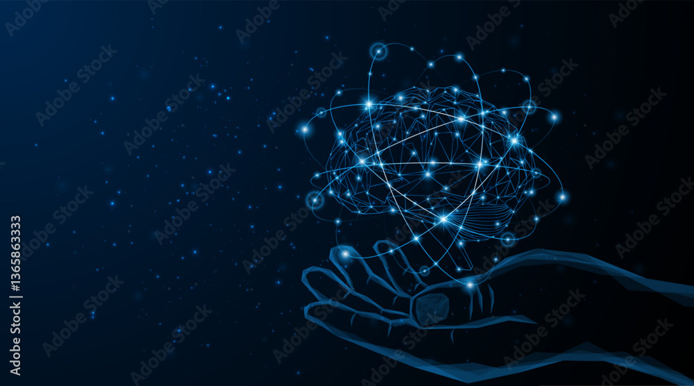 Leinwandbilder Abstract hand is holding an artificial neural network or artificial intelligence brain. Digital brain science for future learning. modern technology innovation concept background	