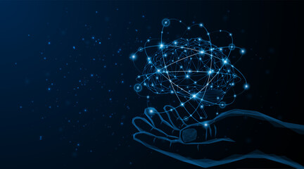 Abstract hand is holding an artificial neural network or artificial intelligence brain. Digital brain science for future learning. modern technology innovation concept background	