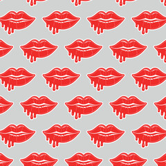 Fototapeta premium Sexy, glossy red lips. Vector illustration isolated on a white background. Sticker shoots of hot kisses with red lipstick. pattern