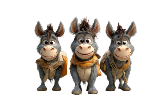 Three Adorable Animated Donkeys Ready for Adventure