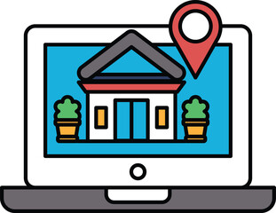 A laptop screen shows a house with a red dot on it