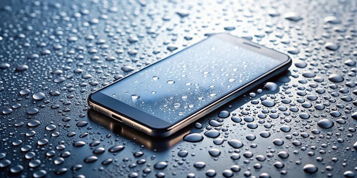 Modern Smartphone with Water Droplets on a Reflective Surface