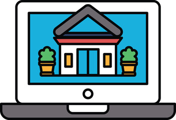 A laptop screen shows a house with a red roof and white trim