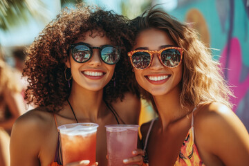 Two women in sunglasses, laughing, holding drinks on a beach with palm trees in the background.
