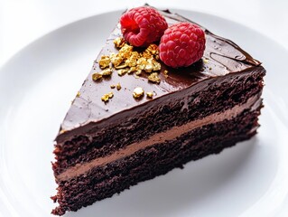 Delicious dark chocolate cake with raspberries, a sweet pastry slice