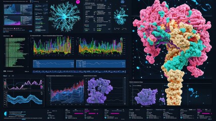 A vibrant, detailed visualization of molecular structures, data graphs, and scientific analysis presented in a dark-themed digital interface.