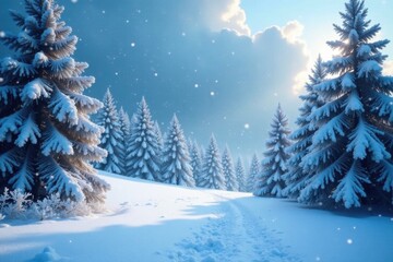 Obraz premium Snowy winter wonderland with frosted trees and sparkling snowflakes, festive lights, winter, frost
