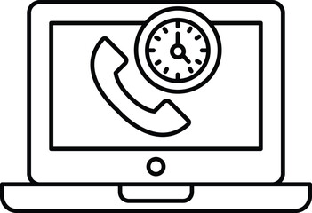 A black and white laptop screen with a phone and a clock on it