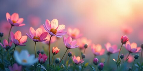 Softly glowing flowers in a lush meadow against a gradient background of pink, blue and yellow hues, pastel shades, sunset colors