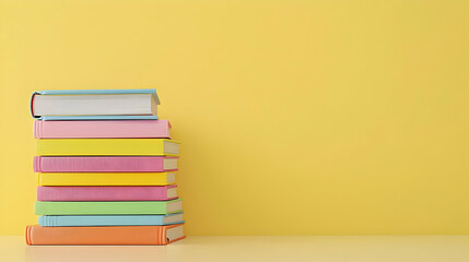 Stack Of Colorful Books On A Bright Yellow Background