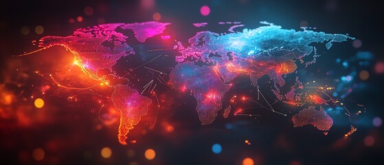 Glowing world map, global network